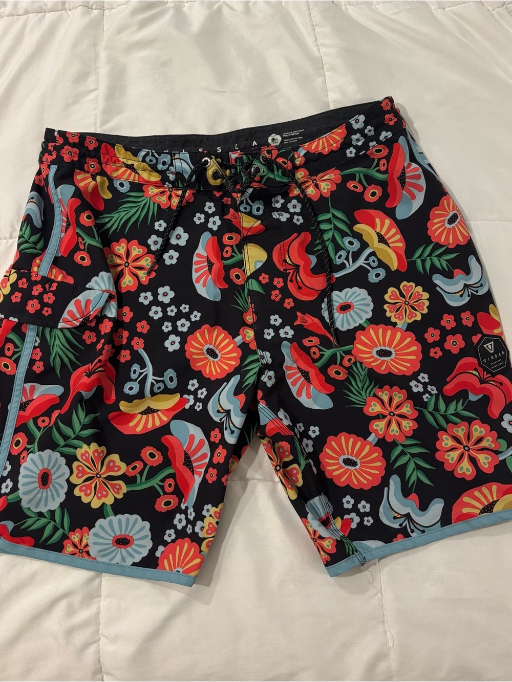 VISSLA Floral Swim Trunks - Vibrant Red & Blue Pattern
